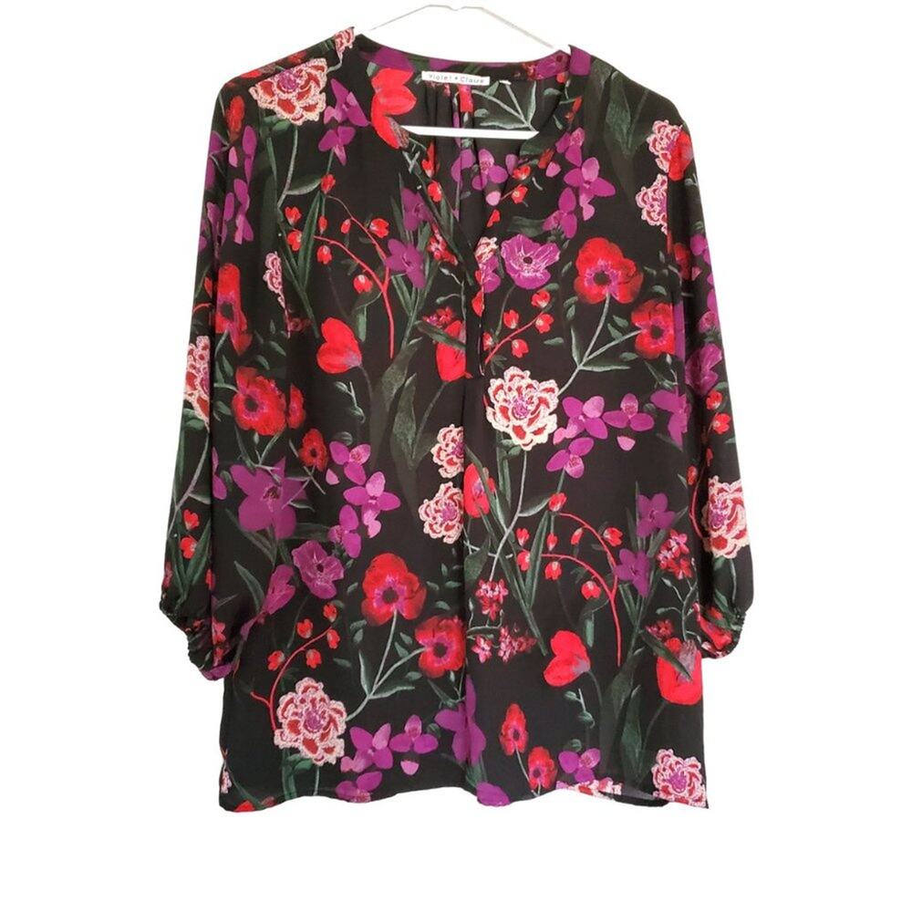 Violet & Claire Floral Blouse Semi Sheer Pullover  3/4 Sleeve - size L- EUC